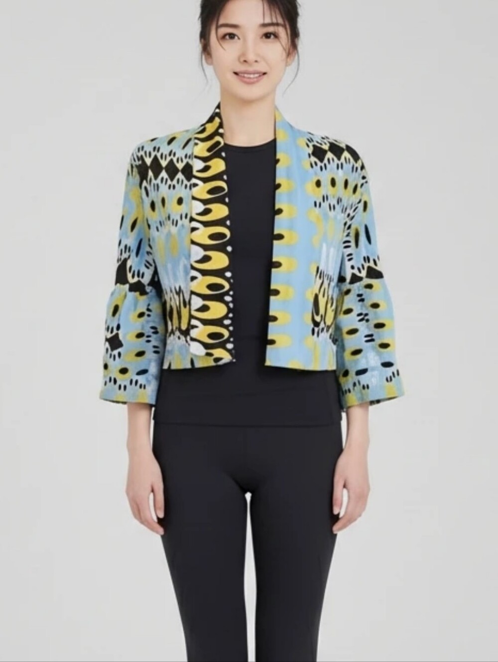 VENINI Women's Cropped Open Front Cardigan Yellow Blue Colorful Print 70s 60s